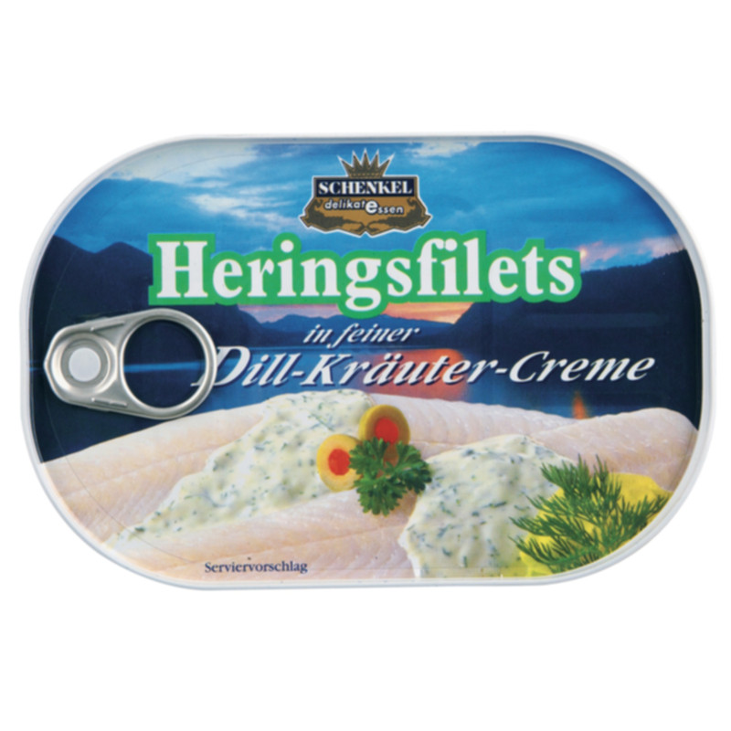 Schenkel Heringsfilet in Dill Kräuter Sauce 200 g zartes Heringsfilet in cremiger Kräutersauce